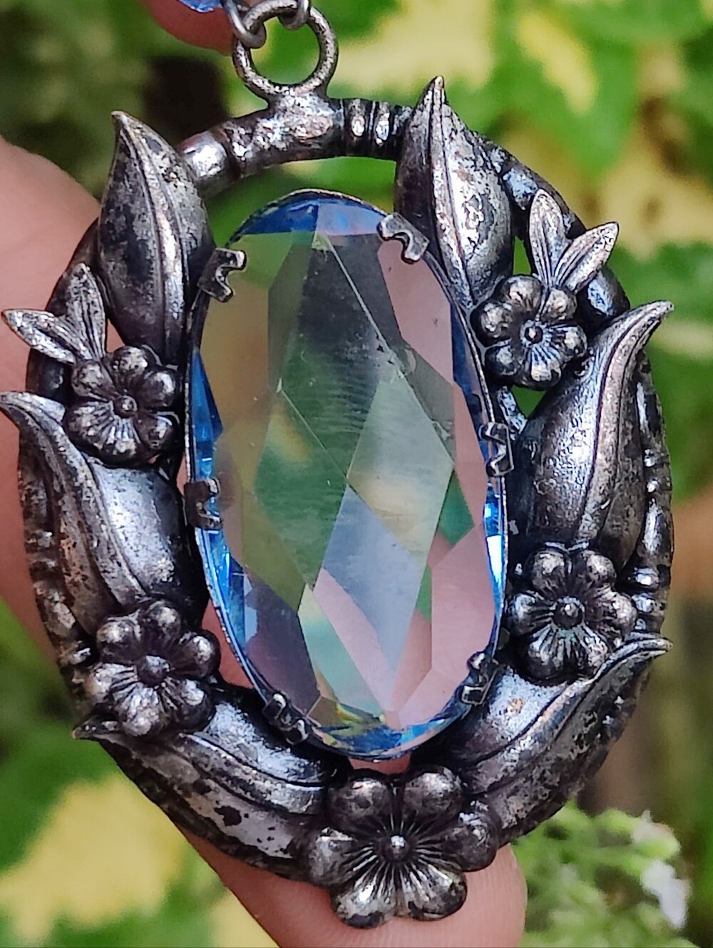 Antique Art Nouveau Blue Czech Glass Pendant Necklace